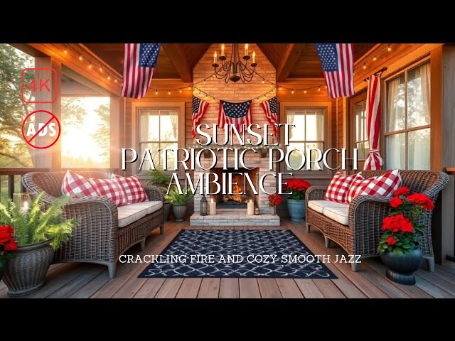 🔥 Cozy Patriotic Porch + Soft Jazz & Crackling Fire - 8 Hours Sunset Ambience for Study/Sleep/Relax