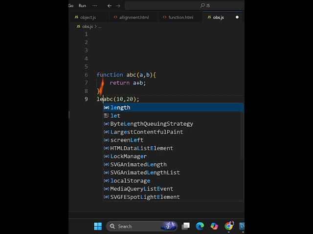 JavaScript Function for Addition || Using abc() to Return Sum || JS Basics