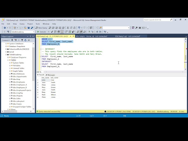Union, Intersection and Except in Sql