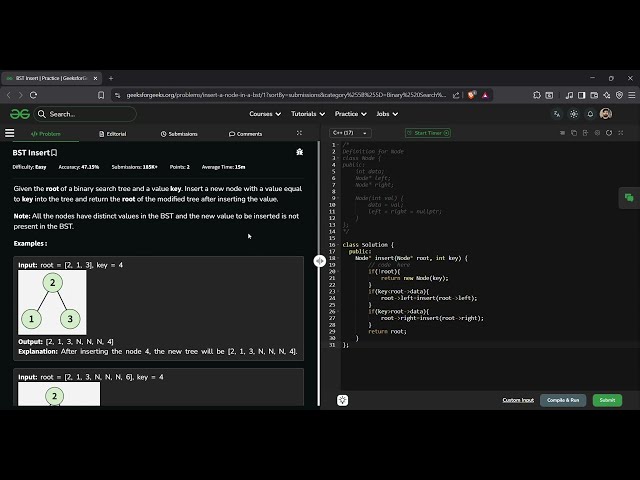BST Insert | GFG Solution in C++ | Insert a Node in Binary Search Tree