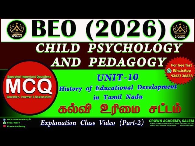 BEO: Child Psychology and Pedagogy - Unit X (History of Educational Development In Tamil Nadu) MCQ