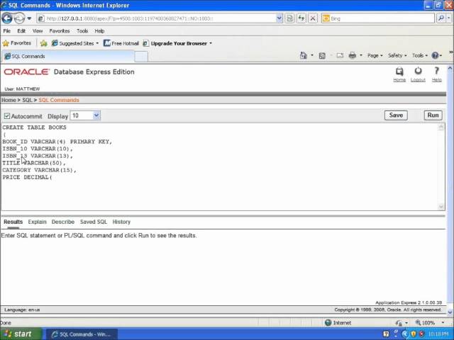 SQL with Oracle 10g XE - Using CREATE TABLE to Build a Table