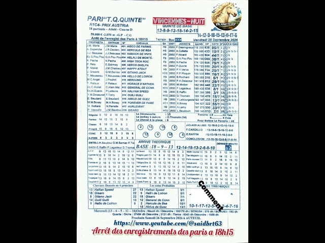 Programme Quinte. Vendredi 25 Sep 2026