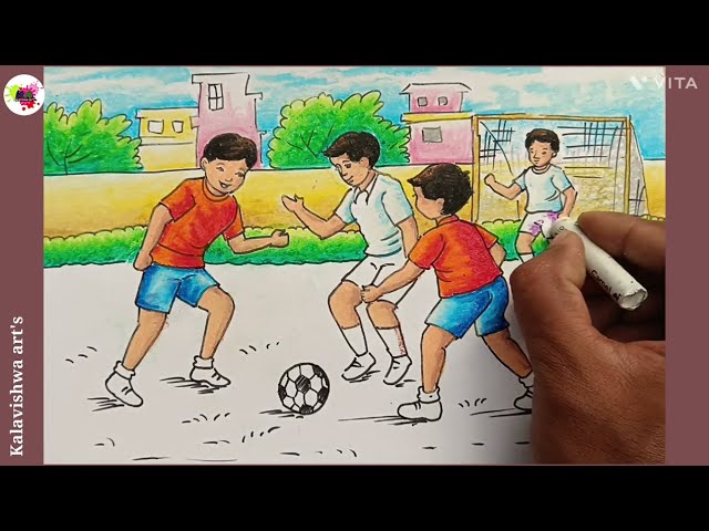 How to draw football game drawing/ football memory drawing/ children playing football drawing