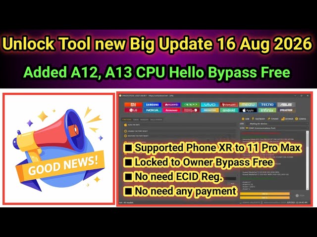 Unlock Tool Major Update: A12 & A13 Hello Bypass Added (Free, No ECID Reg Required) | 2026