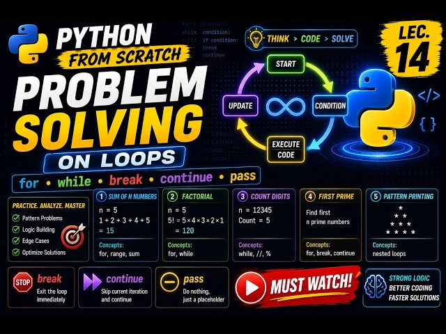 Problem Solving on Loops | for, while, break, continue & pass | Python From Scratch | Lec. 14