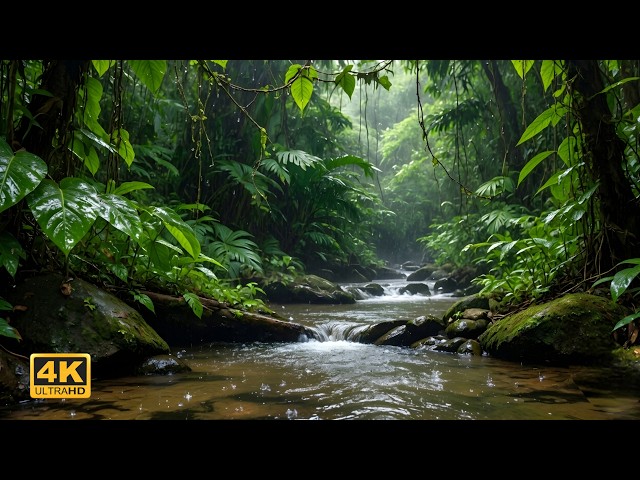 NO ADS | Light Rainfall in Tropical Forest with Natural River Flow | Calm Ambient ASMR