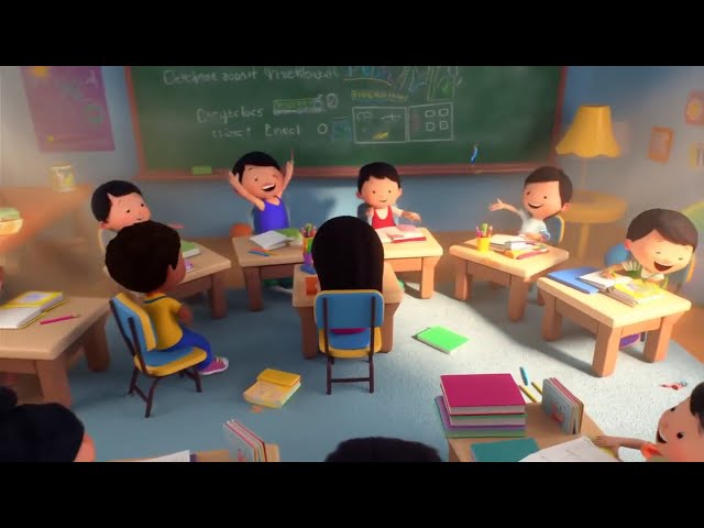 Kids friendly 3D animated educational video about children studying and learning together in a brigh