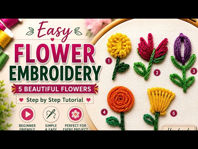 5 Beautiful Flower Embroidery Designs 🌸🌸 | Easy Step-by-Step Tutorial for Beginners #PoojaKeHoops 