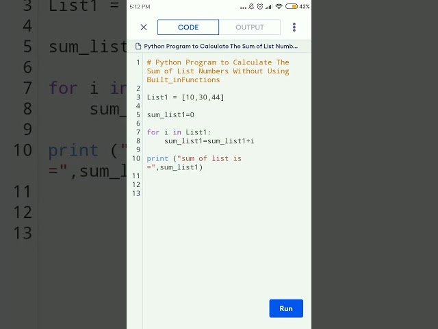 Python Program to Calculate The Sum of List Numbers Without Using Built_inFunctions. #shorts #viral