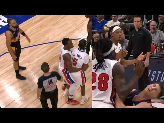 Ron Holland held back from Dillon Brooks then Isaiah Stewart bumps Gillespie after whistle