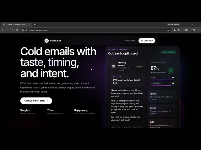 Outreach - AI-Powered Cold Emails 3 Styles. 12 Seconds. Zero Cringe.