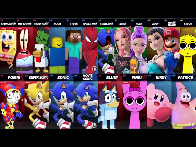 Sonic vs Mario vs Spider-Man vs Bluey vs Rumi vs Minecraft vs Roblox vs Fortnite | Super Smash Bros