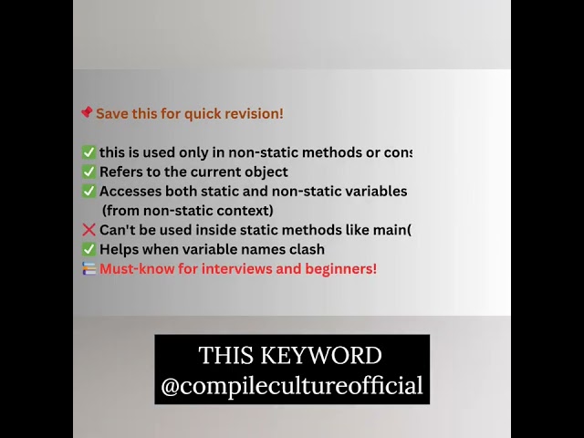 🚀 Java this Keyword Explained in Seconds!📌Save this for quick revision! #compileculture #Beginner