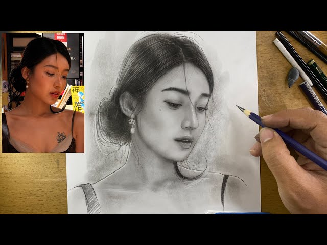 Pencil Portrait Drawing of a Beautiful Woman ( Graphite & Carbon )