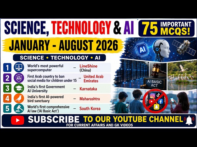 Science, Technology & AI Current Affairs 2026 | Jan–August | 75 Important MCQs | Current Affairs