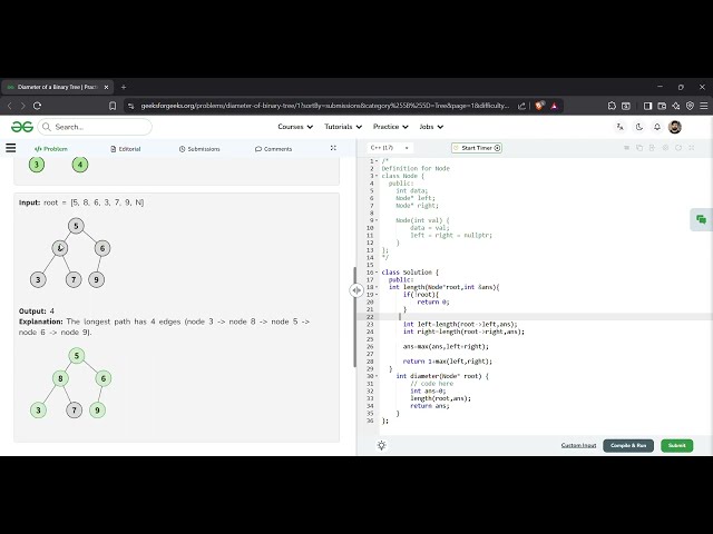 Diameter of a Binary Tree | GFG Solution in C++ | Optimal O(N) Approach Explained