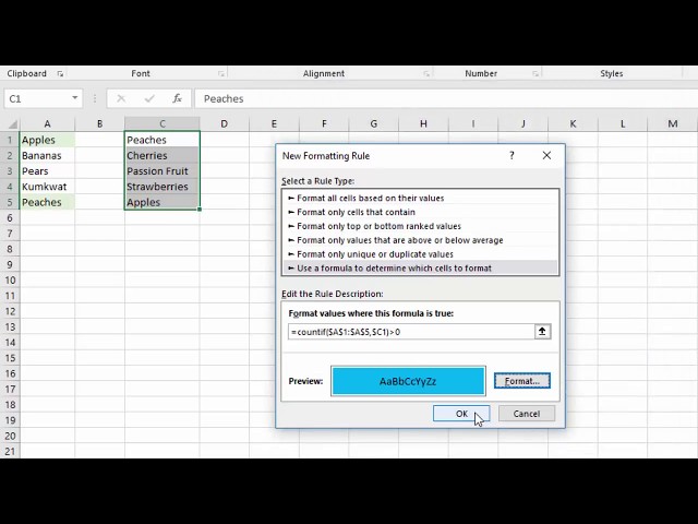 Excel: Conditional Formatting Using Formulas to Show Matches in Two Lists