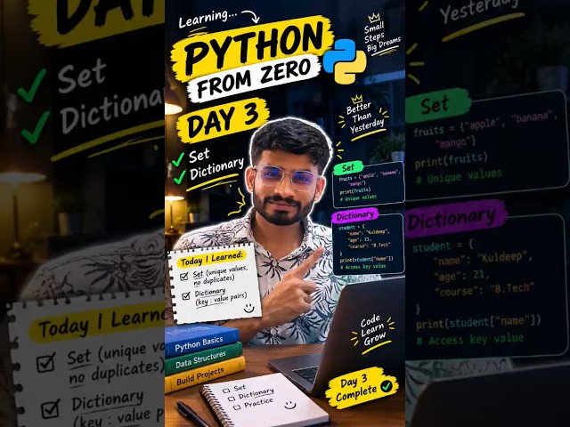 Day 3: Learning Python From Zero 🐍||set & dictionary #shorts