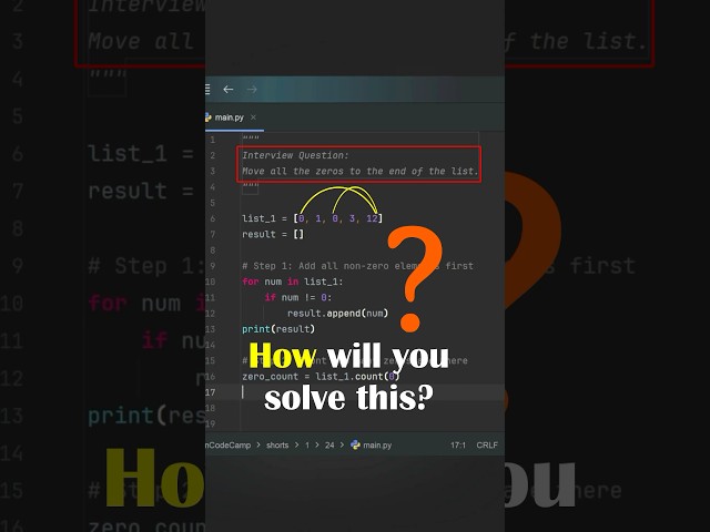 Move zeros to the end . Python Interview Question - 1 🐍