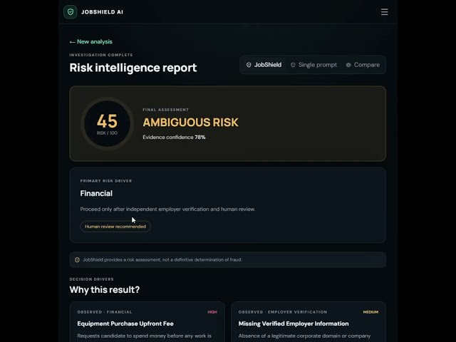 JobShield AI Demo: Evidence-First Fake Job Detection (Multi-Stage Workflow vs. Single Prompt)