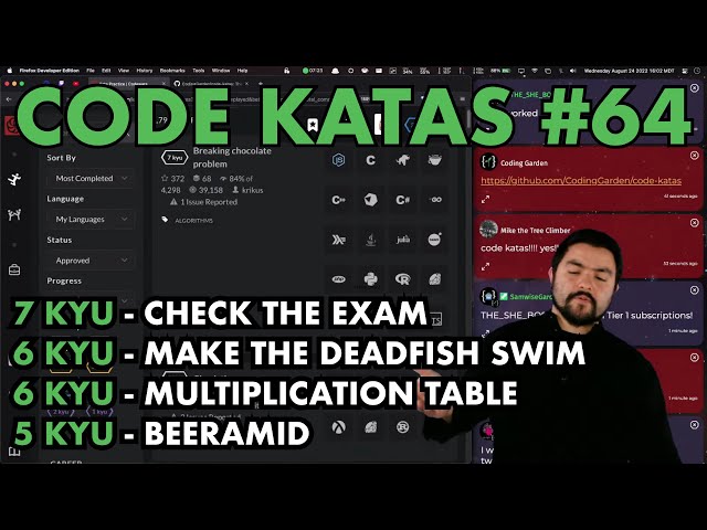 Code Katas #64 - Check the Exam, Make the Deadfish Swim, Multiplication Table, Beeramid
