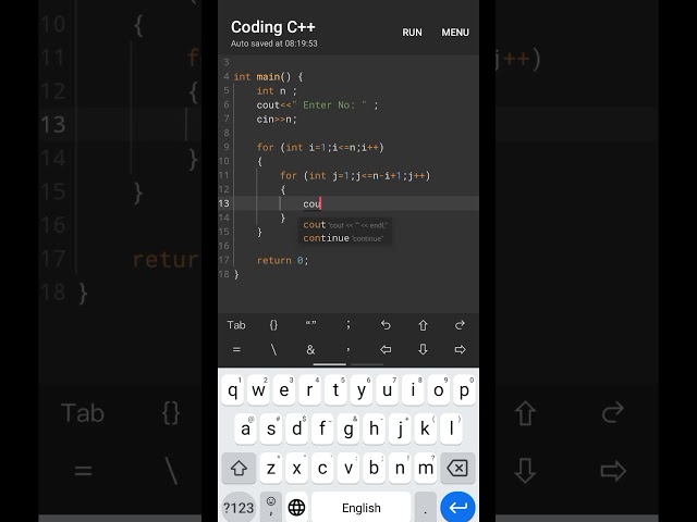 print ulta triangle ( using c++ in nested for loops ) reverse triangle #ulta #triangle #cpp