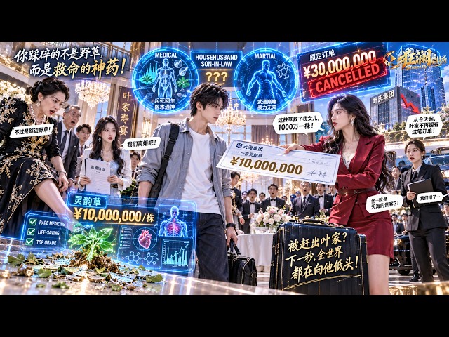 废物赘婿拿出神草却被岳母当垃圾踩碎，老婆更当场逼他离婚！谁知一株破草竟值1000万，随手救活财阀千金，美女总裁捧着2000亿当嫁妆！