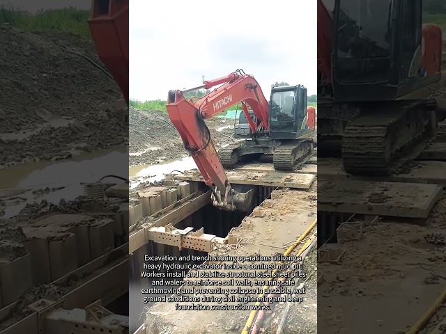 Operating a Monster Excavator Inside a Deep Steel Trench #worker #process #excavator #engineering