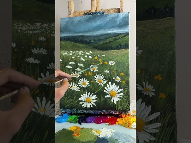 Timelapse Painting | Beautiful Daisy Meadow Under a Dramatic Sky 🌼