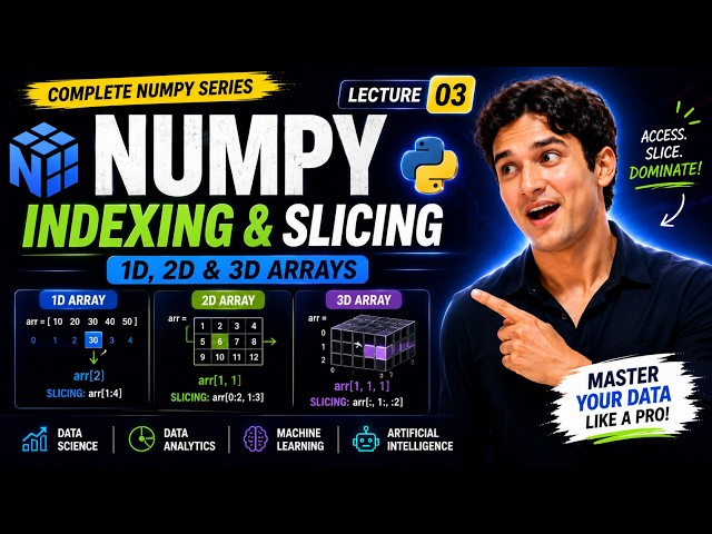 Arrays Indexing & Slicing Explained | 1D, 2D & 3D Arrays | NumPy Tutorial for Beginners | Lecture 3