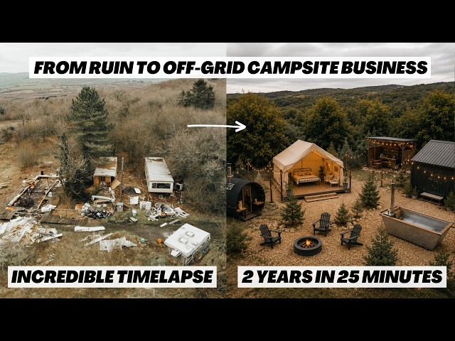 2 Years OFF-GRID Timelapse. Everything we built on our abandoned land. From RUIN to this...