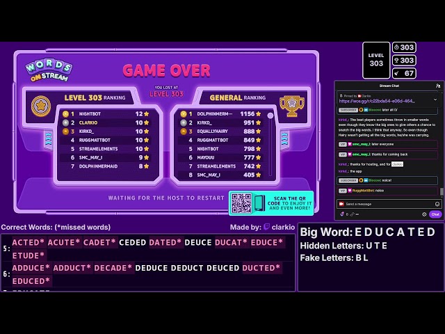 Building Words on Stream Tool (WoS+) -- !wotw, wordle // @_clarkio || @clarkio on socials