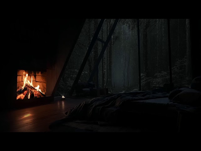 Inside a quiet forest cabin while gentle rain covers the woods and the night grows calm