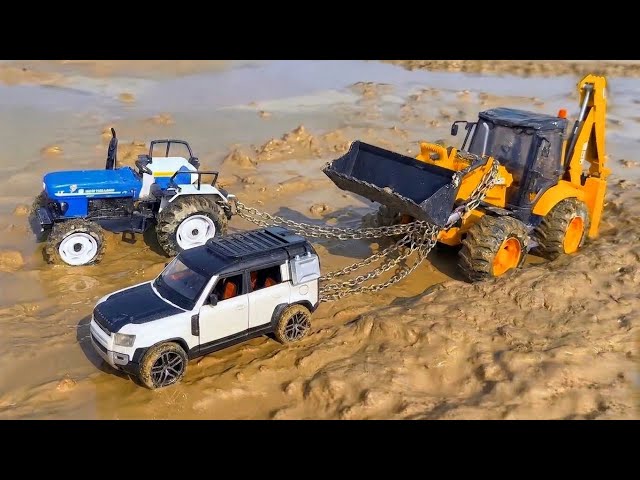 JCB 3DX Muddy Accident Pulling Out Defender Car Swaraj Tractor? Jcb Cartoon | Tractor Cartoon Video