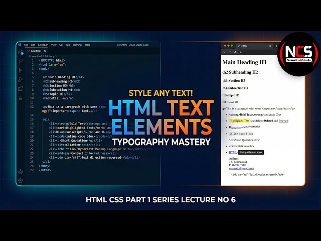 HTML CSS Part 1 Lecture 6 | HTML Text Elements: p, sub, sup, mark, code & More! | NaseebCodeStudio