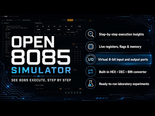 Open8085 Simulator with Virtual I/O Ports, Step Insights & Number Converter