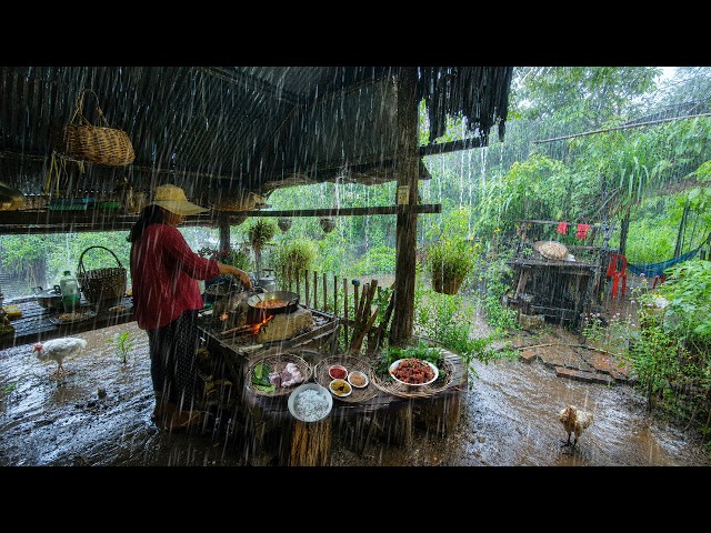 Rural Life in Heavy Rain, Traditional Cooking and Harvest in Village