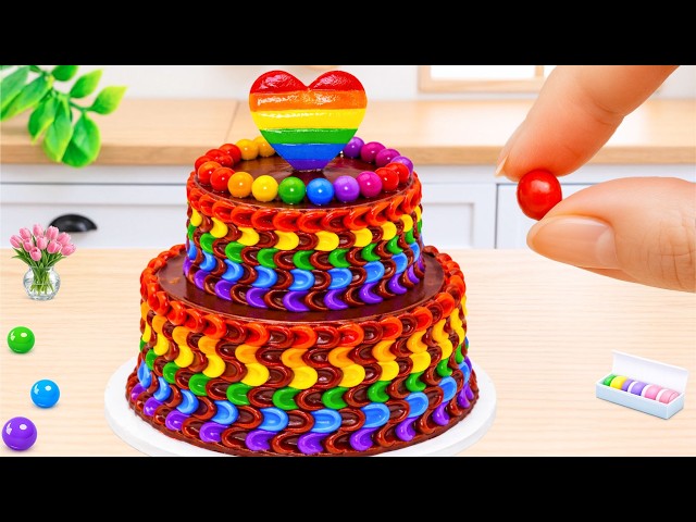 Miniature Rainbow Heart Cake 🌈 Colorful Chocolate Cream Decorating | Tiny Cakes World