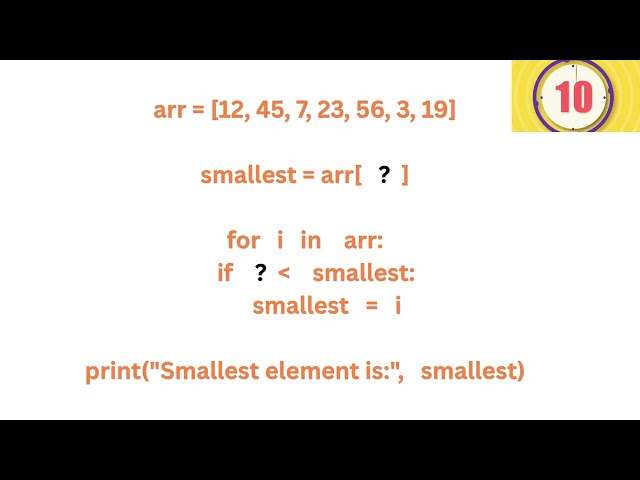 # Program to find the smallest element in an array arr = 12, 45, 7, 23, 56, 3, 19 smallest = arr0 fo