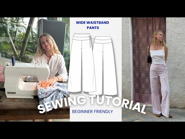 wide waistband NIKI PANTS, low waisted pants beginner friendly sewing pattern, sew a long tutorial