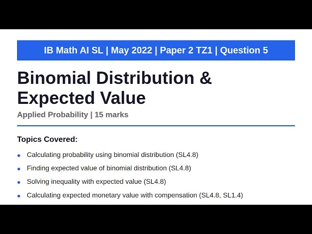 Binomial Distribution & Expected Value | IB Math AI SL | May 2022 Paper 2 TZ1 Q5