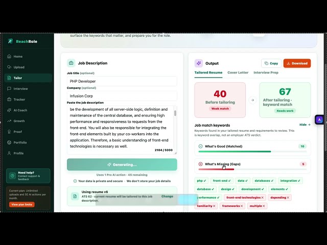 PHP resume vs one job description | keyword match 40 to 67