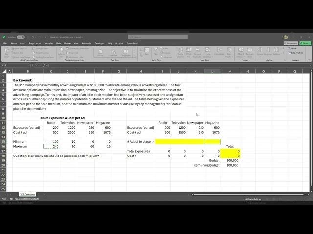Excel Solver: Advertising Budget Optimization (Media Mix / Linear Programming)