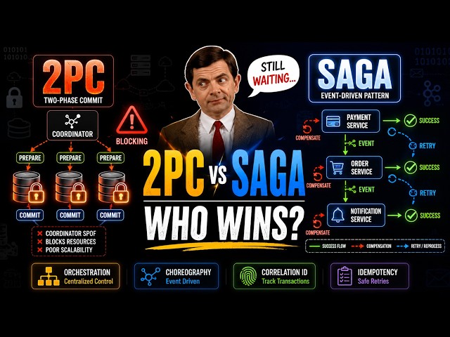 Distributed Transactions Explained in 10 Minutes | 2PC vs Saga (Orchestration vs Choreography)