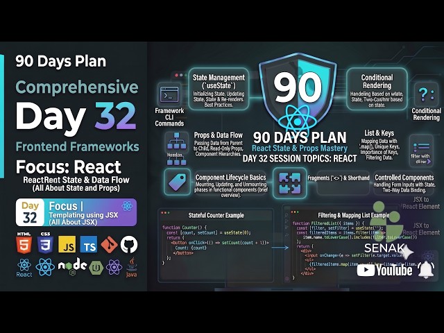 🔥Day 32 - 90 Days Full Stack Challenge | React Props, State, Lists, map(), filter() & Keys🚀