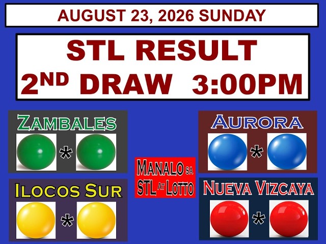 STL 2nd Draw 3pm Result Zambales  Aurora  Ilocos Sur Nueva Vizcaya  August 23, 2026 SUNDAY