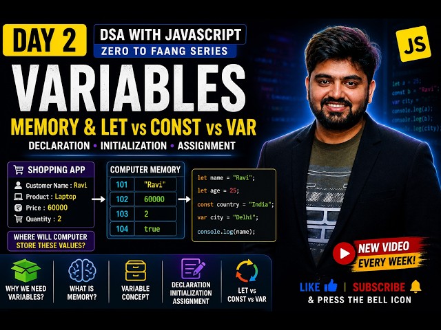 Day 2 | JavaScript Variables Explained | Memory, let, const & var | DSA with JavaScript