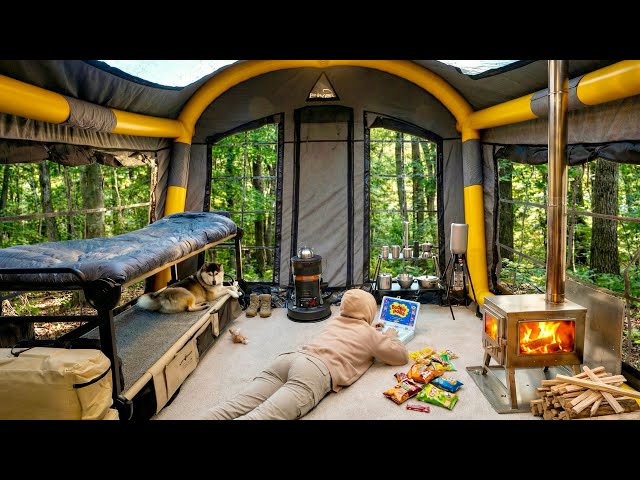 Winter Camping in a New Inflatable Tent with Retro Games & Junk Food