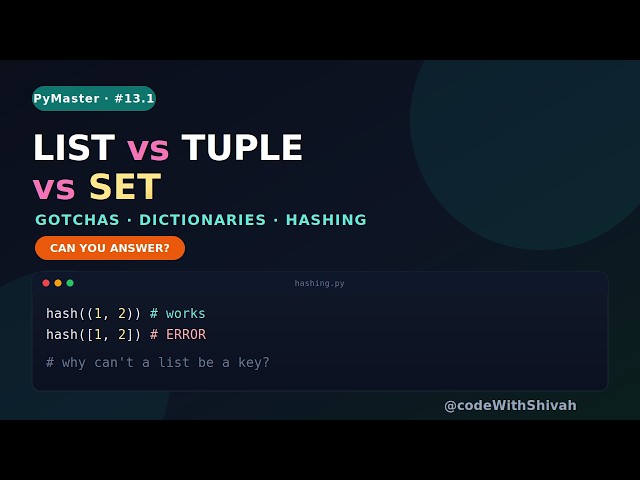 List vs Tuple vs Set 🧠 Hashing, Dictionary Keys & Tricky Questions | PyMaster India #13.1
